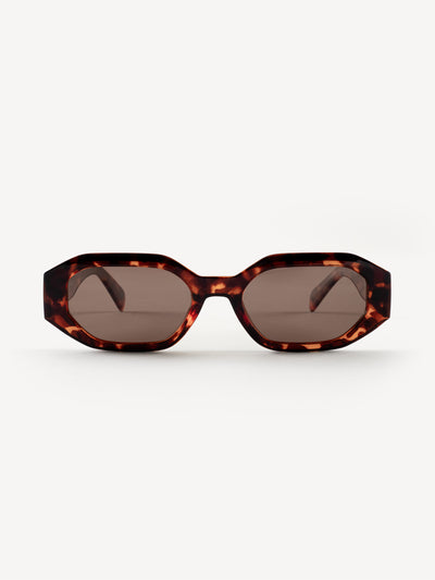 “Front view of Devoted Angel polarized sunglasses in brown leopard with refined cat-eye frame”