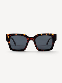 “Front view of Devoted Baddy polarized sunglasses in brown leopard with thick angular frame”
