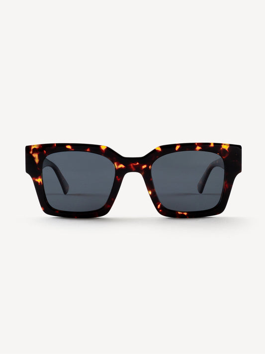 “Front view of Devoted Baddy polarized sunglasses in brown leopard with thick angular frame”