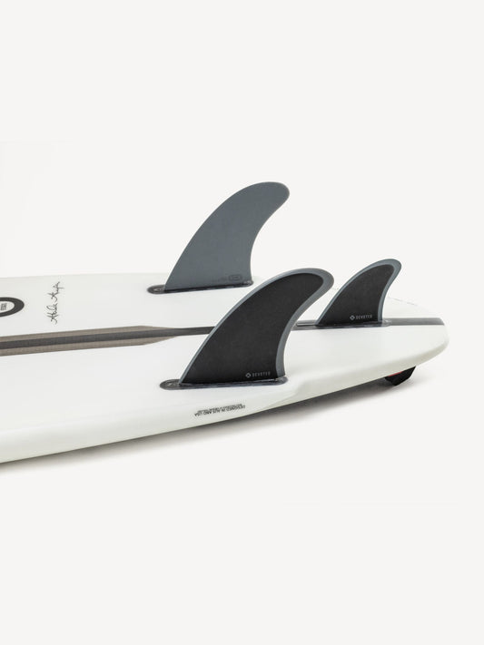 CSF Twin+1 single-tab fibreglass fins installed on surfboard outdoors, showing textured finish and profile”