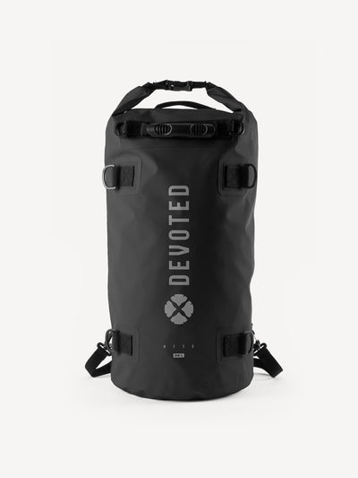 “Devoted 40L black dry bag backpack, front view on white background”
