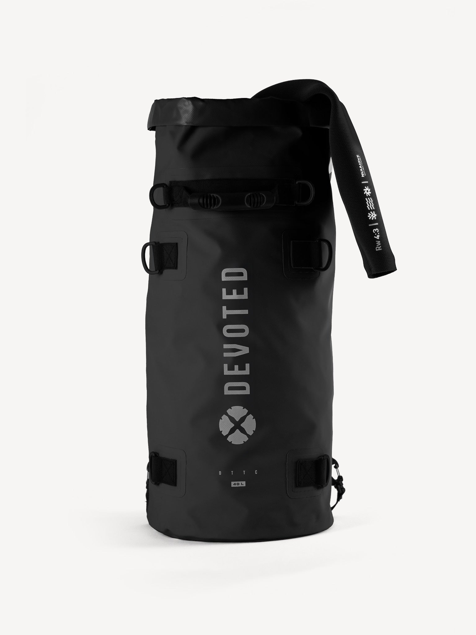 “Top-down view of black 40L dry bag backpack with roll-top closure”
