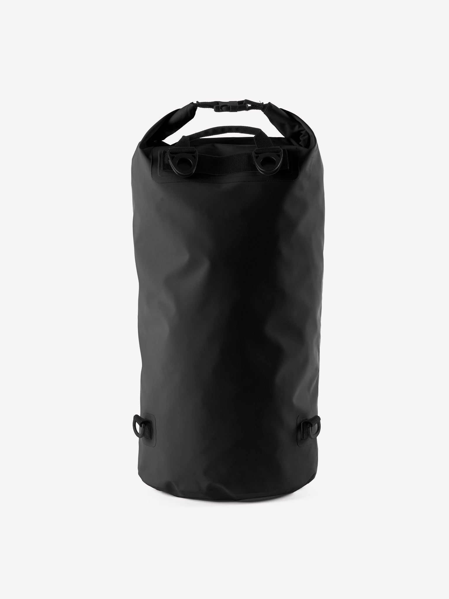 “Back view of black dry bag with padded shoulder support”
