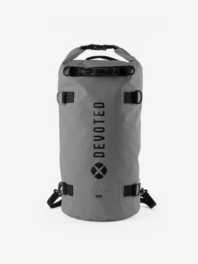 “Devoted 40L grey dry bag backpack, front-facing product image”
