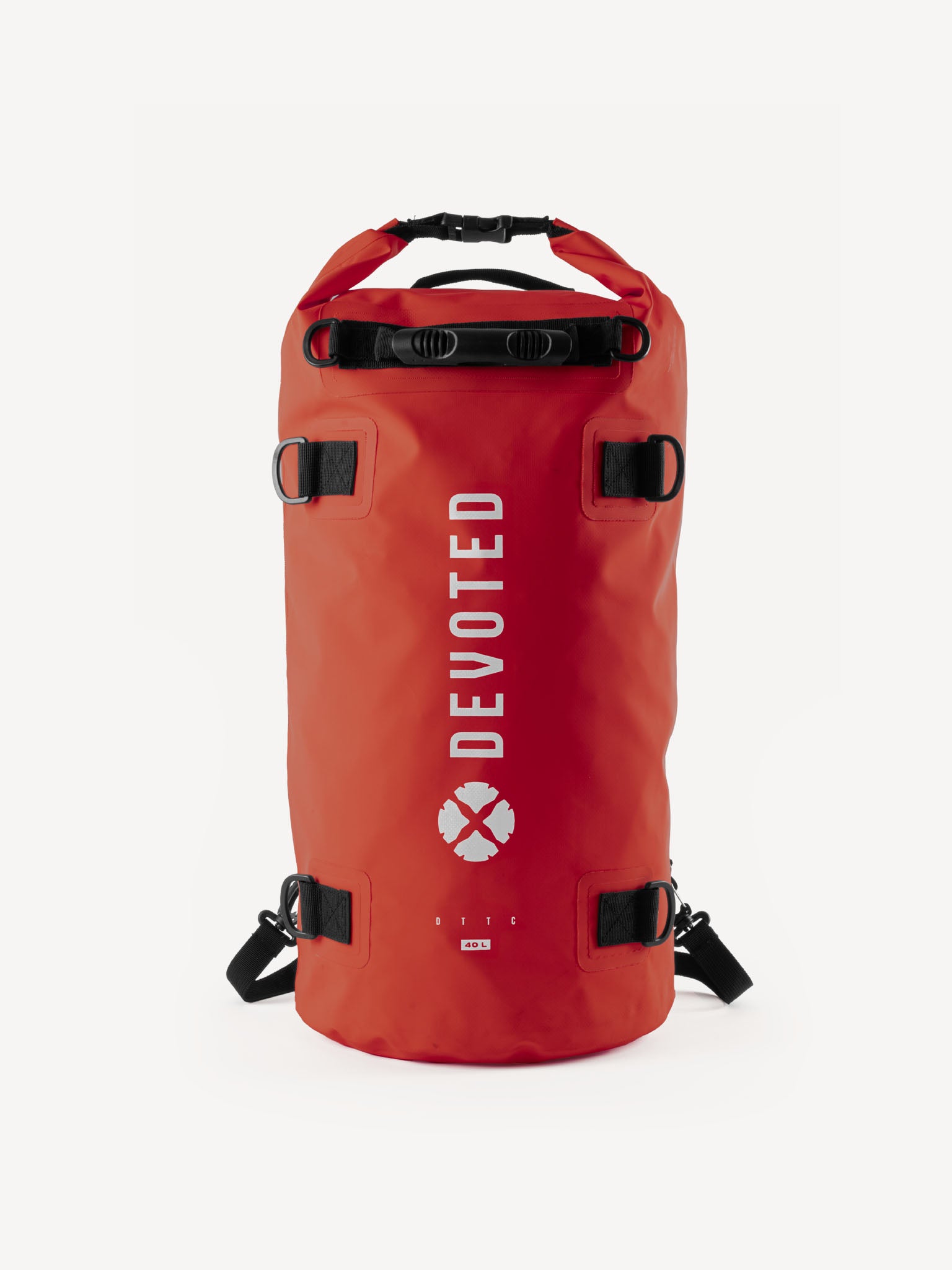 “Devoted 40L red dry bag backpack, front view on white background”
