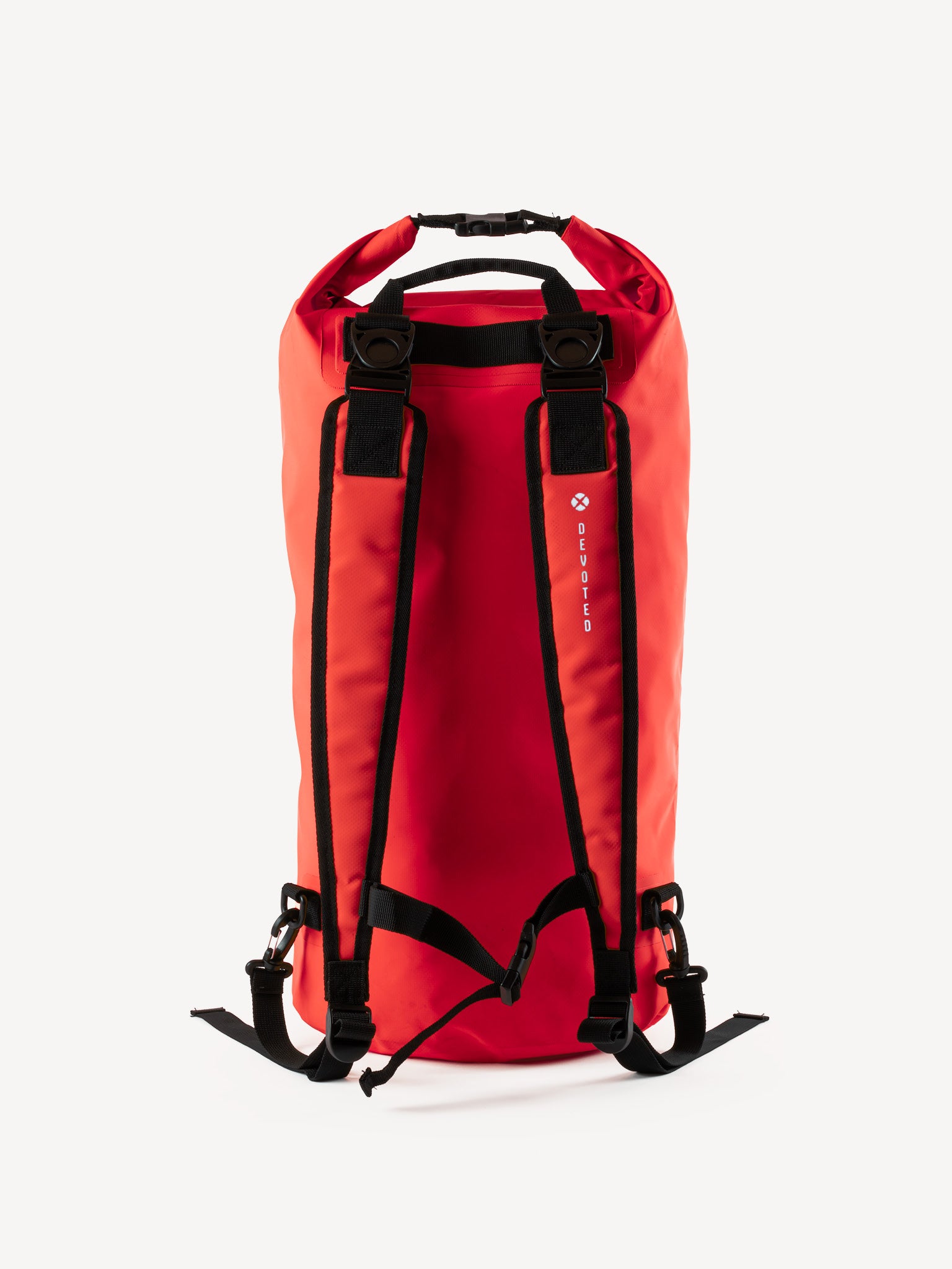 “Side profile of red waterproof backpack with padded straps”
