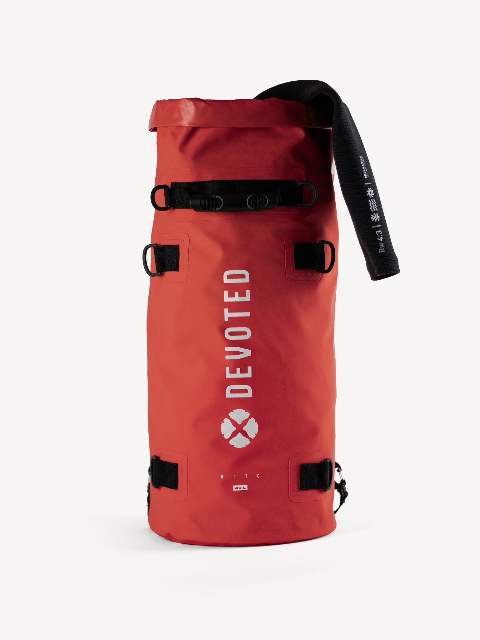 “Top view of red dry bag showing roll-top closure system”
