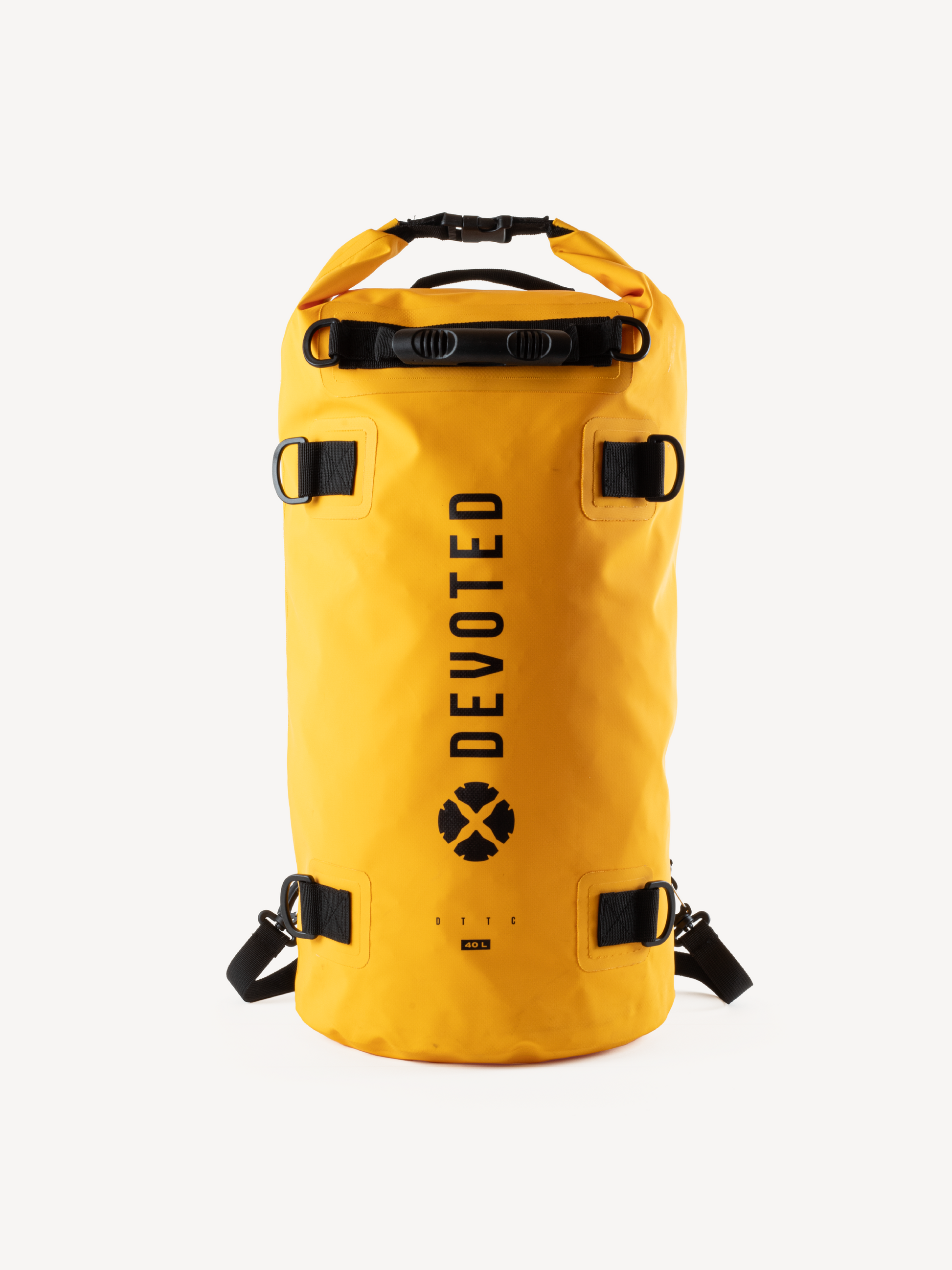 “Devoted 40L yellow dry bag backpack, front view product image”
