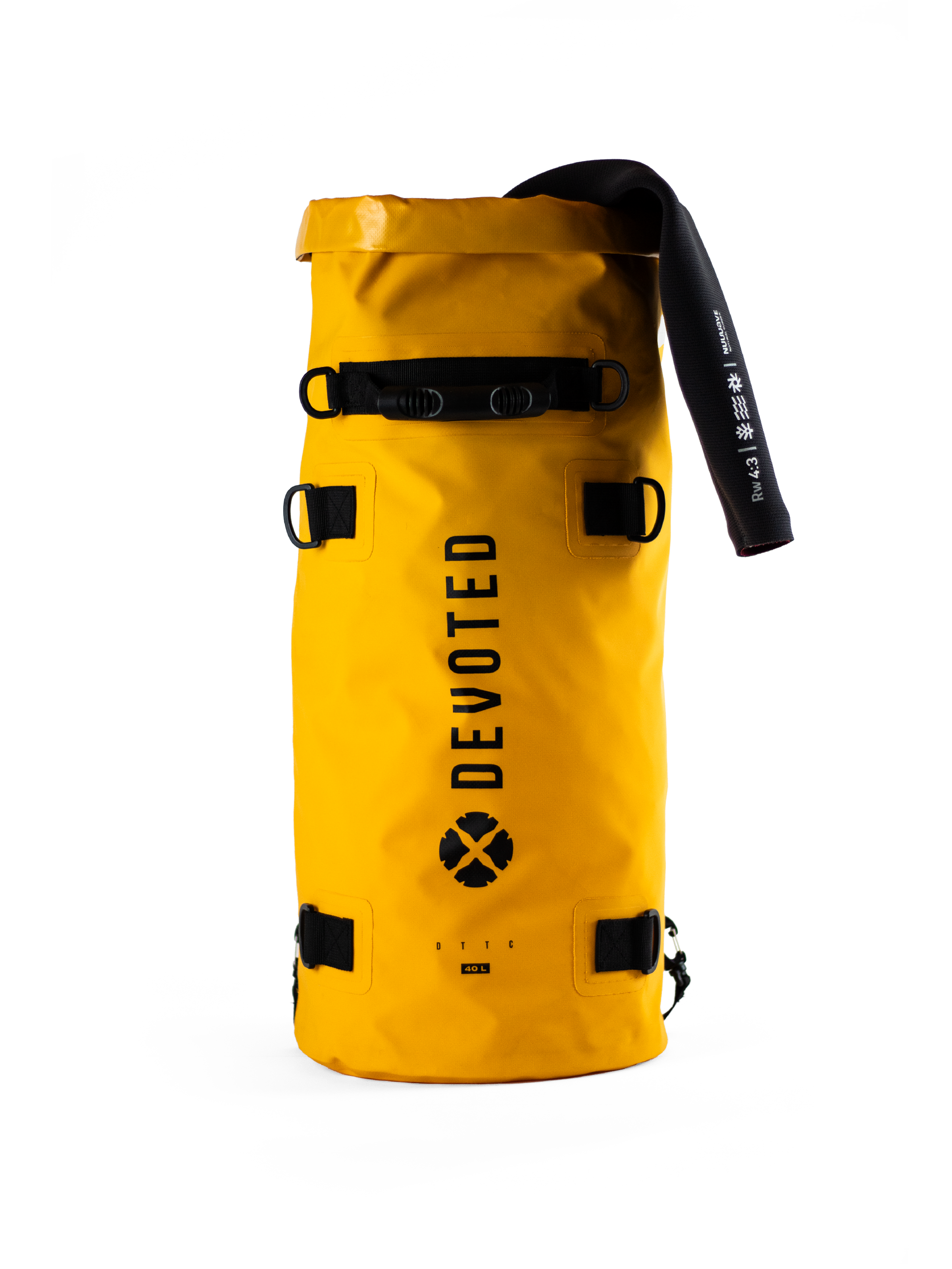 “Close-up of yellow Devoted dry bag with durable waterproof material”
