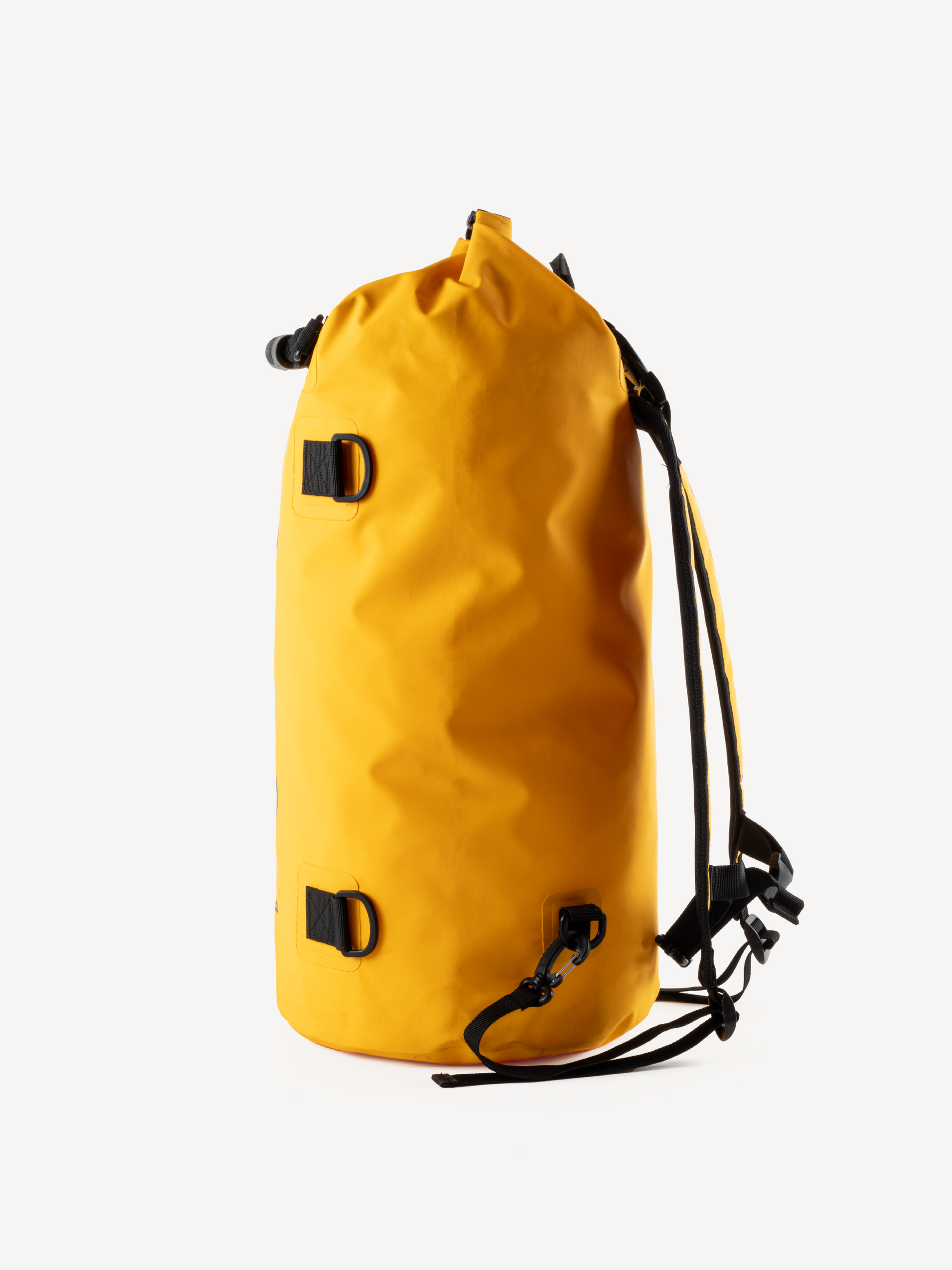“Back view of yellow 40L dry bag backpack with padded straps”
