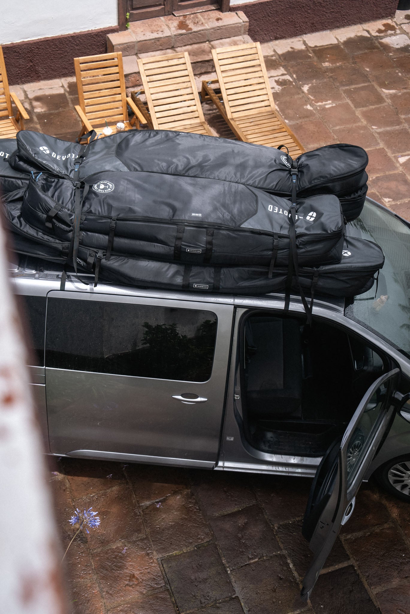 “Action image of Devoted Fish boardbag outdoors, packed and ready”
