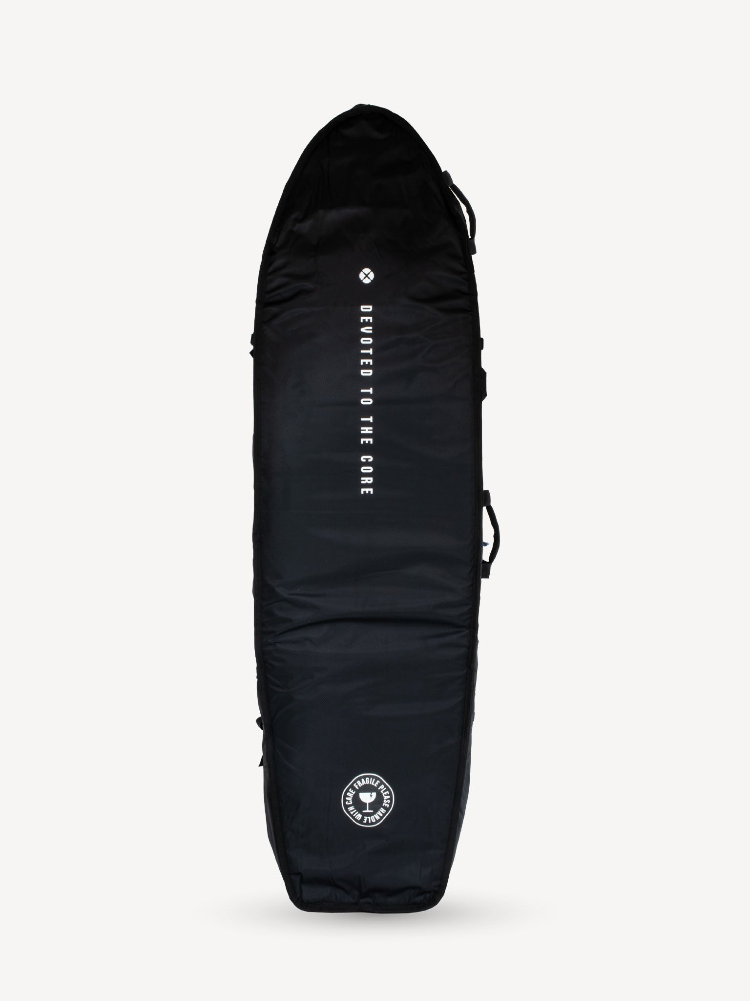“Top-down image of Devoted Fish 10mm boardbag, highlighting streamlined profile and logo”
