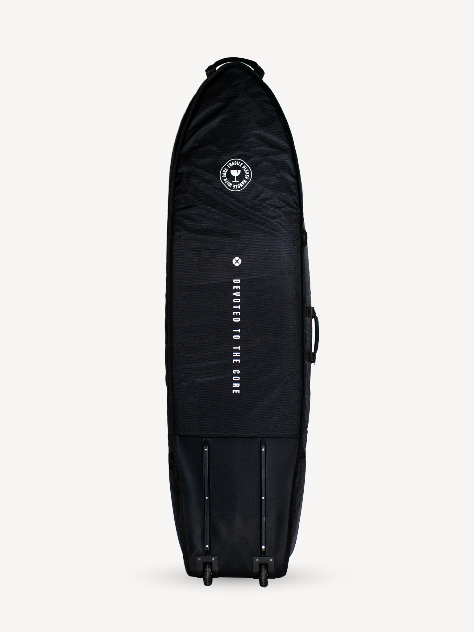 “Devoted Fish 10mm Quad Wheely Travel Boardbag product view showing full padded design and wheel base”