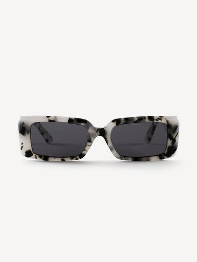 “Front view of Devoted Ollipu polarized sunglasses in white leopard with soft square frame”